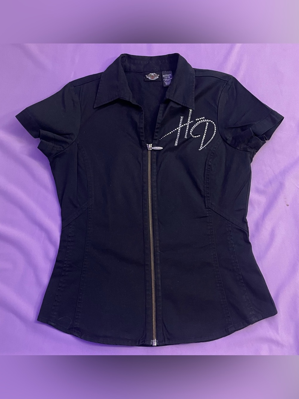 Vintage Y2K Harley Davidson zip up corset style canvas McBling shirt